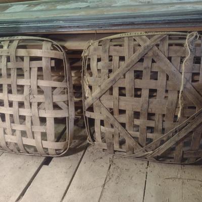 Pair of Vintage Authentic Splint Wood Tobacco Leaf Market Baskets Douglass, GA and Dixie Burley (GG).