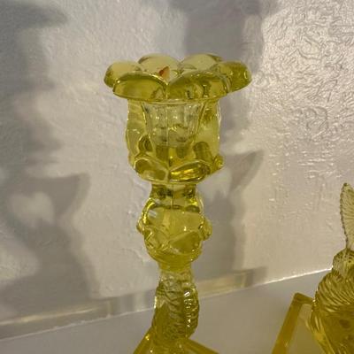PAIR OF VINTAGE “MMA” VASELINE URANIUM GLASS KOI FISH CANDLESTICK HOLDERS