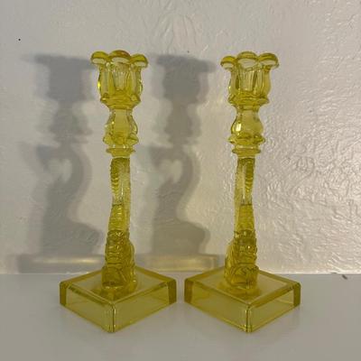 PAIR OF VINTAGE “MMA” VASELINE URANIUM GLASS KOI FISH CANDLESTICK HOLDERS
