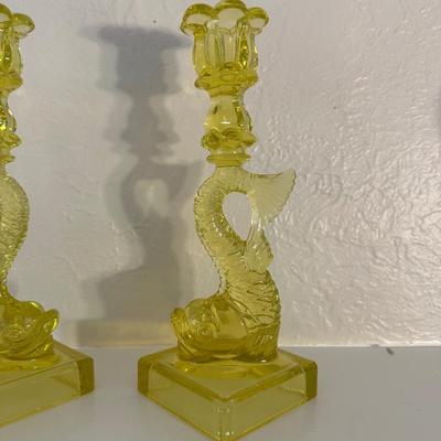 PAIR OF VINTAGE “MMA” VASELINE URANIUM GLASS KOI FISH CANDLESTICK HOLDERS