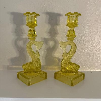 PAIR OF VINTAGE “MMA” VASELINE URANIUM GLASS KOI FISH CANDLESTICK HOLDERS