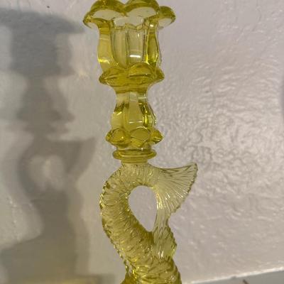 PAIR OF VINTAGE “MMA” VASELINE URANIUM GLASS KOI FISH CANDLESTICK HOLDERS