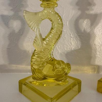 PAIR OF VINTAGE “MMA” VASELINE URANIUM GLASS KOI FISH CANDLESTICK HOLDERS