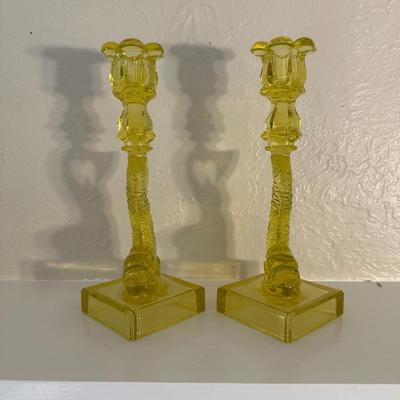 PAIR OF VINTAGE “MMA” VASELINE URANIUM GLASS KOI FISH CANDLESTICK HOLDERS