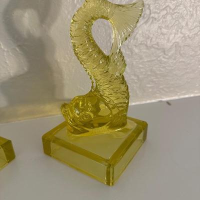 PAIR OF VINTAGE “MMA” VASELINE URANIUM GLASS KOI FISH CANDLESTICK HOLDERS