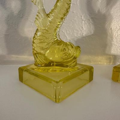 PAIR OF VINTAGE “MMA” VASELINE URANIUM GLASS KOI FISH CANDLESTICK HOLDERS