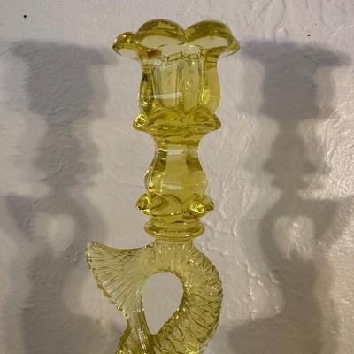 PAIR OF VINTAGE “MMA” VASELINE URANIUM GLASS KOI FISH CANDLESTICK HOLDERS