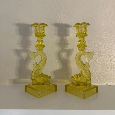 PAIR OF VINTAGE “MMA” VASELINE URANIUM GLASS KOI FISH CANDLESTICK HOLDERS