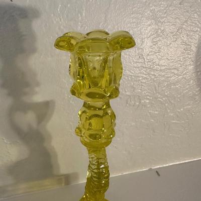 PAIR OF VINTAGE “MMA” VASELINE URANIUM GLASS KOI FISH CANDLESTICK HOLDERS