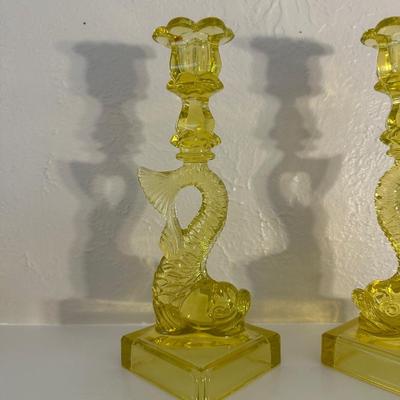 PAIR OF VINTAGE “MMA” VASELINE URANIUM GLASS KOI FISH CANDLESTICK HOLDERS
