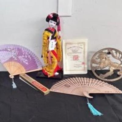 JAPANESE GEISHA DOLL WITH COA AND OTHER ASIAN THEMED ITEMS