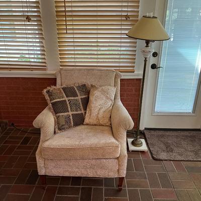 PAISLEY PRINT UPHOLSTERED ARMCHAIR WITH FLOOR LAMP