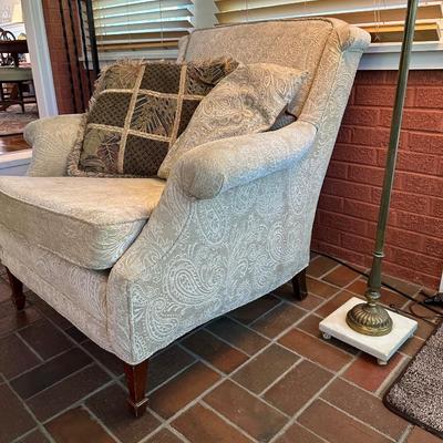 PAISLEY PRINT UPHOLSTERED ARMCHAIR WITH FLOOR LAMP