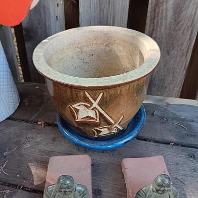 FLOWER POTS, WOODEN FLOWERS AND BUDDHA POT RESTS