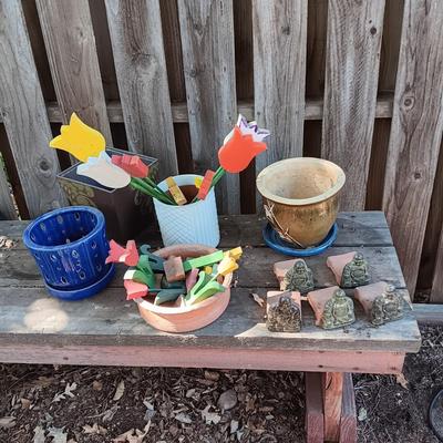 FLOWER POTS, WOODEN FLOWERS AND BUDDHA POT RESTS