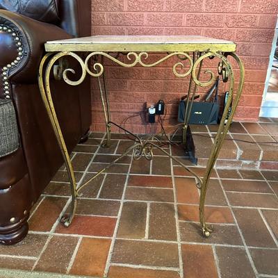 IRON BASE, MARBLE TOP END TABLE AND A TABLE LAMP
