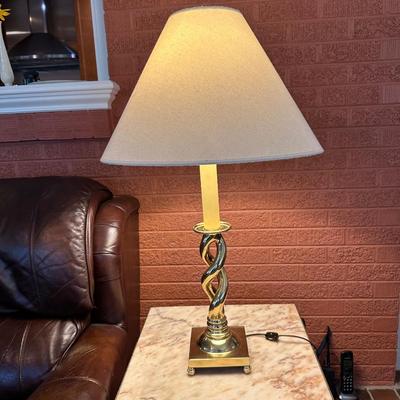 IRON BASE, MARBLE TOP END TABLE AND A TABLE LAMP