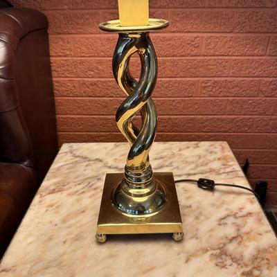 IRON BASE, MARBLE TOP END TABLE AND A TABLE LAMP