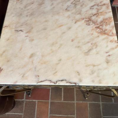 IRON BASE, MARBLE TOP END TABLE AND A TABLE LAMP