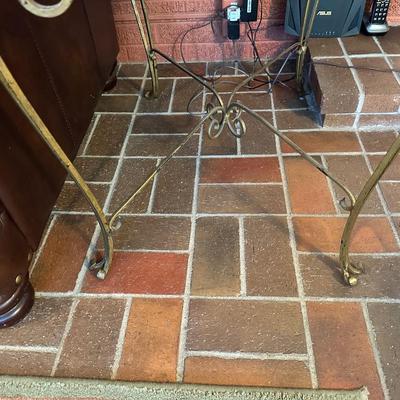 IRON BASE, MARBLE TOP END TABLE AND A TABLE LAMP