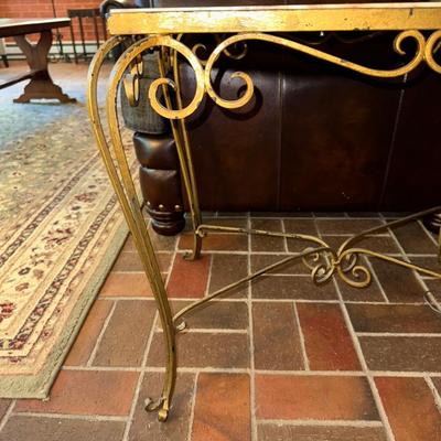 IRON BASE, MARBLE TOP END TABLE AND A TABLE LAMP
