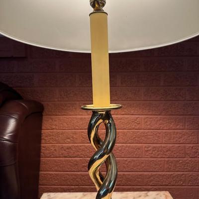IRON BASE, MARBLE TOP END TABLE AND A TABLE LAMP