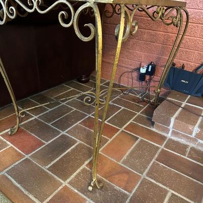 IRON BASE, MARBLE TOP END TABLE AND A TABLE LAMP