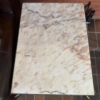 IRON BASE, MARBLE TOP END TABLE AND A TABLE LAMP