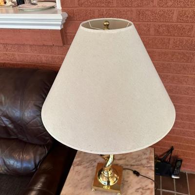 IRON BASE, MARBLE TOP END TABLE AND A TABLE LAMP