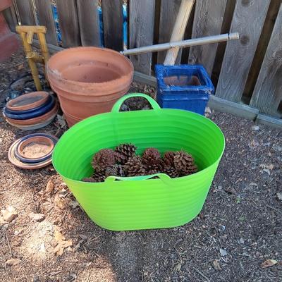 PINECONES, CLAY FLOWER POTS, WATER FOUNTAIN TOPS AND MANY POT SAUCERS