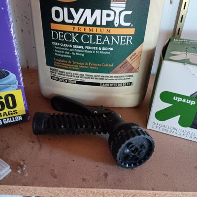 FULL CONTAINER OF DECK CLEANER, PARTIAL BOXES OF TRASH BAGS AND A SPRAYER