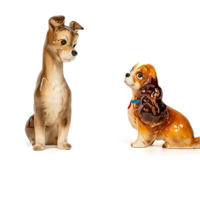Sale Photo Thumbnail #355: Lady and the Tramp figurines from the 1955 animated Disney film. These figurines are made in Japan during 1950-1960s. These figurines were part of a larger collection of a Disney merchandise from that era. Both are 3 inches long as listed in picture.