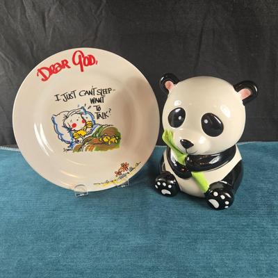 Sale Photo Thumbnail #146: This auction lot is for a Dear God Child's Plate and Panda Bank. The Plate says "Dear God, I just can't sleep want to talk?"  Measuring about 8-inches in diameter the china plate is by Royal Norfolk.  The ceramic Panda Bank is from China - it measures abo
