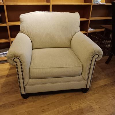 CLEAN, COMFY UPHOLSTERED CHAIR WITH OTTOMAN AND NAILHEAD ACCENTS