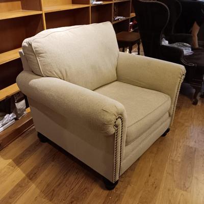 CLEAN, COMFY UPHOLSTERED CHAIR WITH OTTOMAN AND NAILHEAD ACCENTS