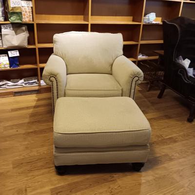 CLEAN, COMFY UPHOLSTERED CHAIR WITH OTTOMAN AND NAILHEAD ACCENTS