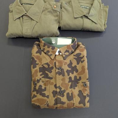 Orvis Camo Size M Long Sleeve Shirt & 2 Olive Green Long Sleeve Shirts Size L - Lot 2