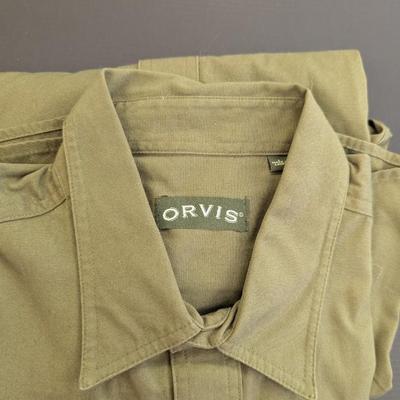 Orvis Camo Size M Long Sleeve Shirt & 2 Olive Green Long Sleeve Shirts Size L - Lot 2