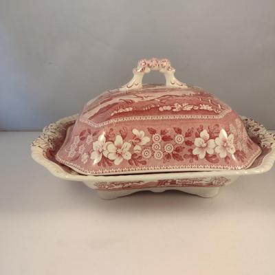 Sale Photo Thumbnail #1178: Spode England Porcelain Covered Vegetable Bowl- 'Pink Tower' Pattern