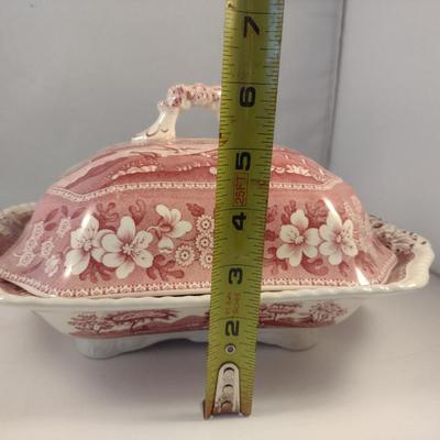 Sale Photo Thumbnail #1183: Spode England Porcelain Covered Vegetable Bowl- 'Pink Tower' Pattern