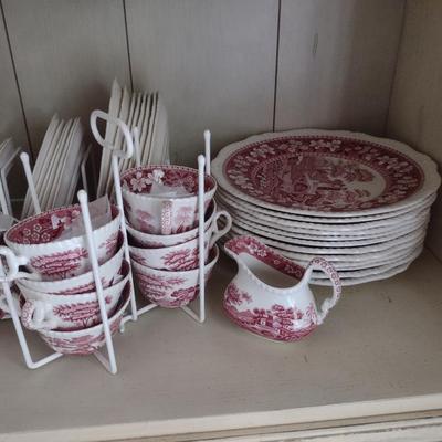 Sale Photo Thumbnail #1213: Spode England Porcelain Dinnerware- 'Pink Tower' Pattern.  Stamps are a mix of red and black.  Includes dinner plate- 12, luncheon/salad plate- 12, large soup bowl (9 1/2")- 6, smaller soup bowl (7 1/2")- 6, butter plates (5 1/2")- 6, bread plates (6 1/2"