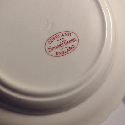 Sale Photo Thumbnail #1211: Spode England Porcelain Dinnerware- 'Pink Tower' Pattern.  Stamps are a mix of red and black.  Includes dinner plate- 12, luncheon/salad plate- 12, large soup bowl (9 1/2")- 6, smaller soup bowl (7 1/2")- 6, butter plates (5 1/2")- 6, bread plates (6 1/2"