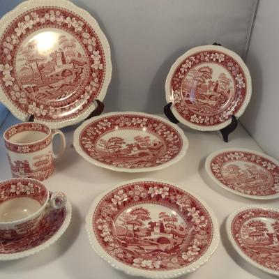 Sale Photo Thumbnail #1201: Spode England Porcelain Dinnerware- 'Pink Tower' Pattern.  Stamps are a mix of red and black.  Includes dinner plate- 12, luncheon/salad plate- 12, large soup bowl (9 1/2")- 6, smaller soup bowl (7 1/2")- 6, butter plates (5 1/2")- 6, bread plates (6 1/2"