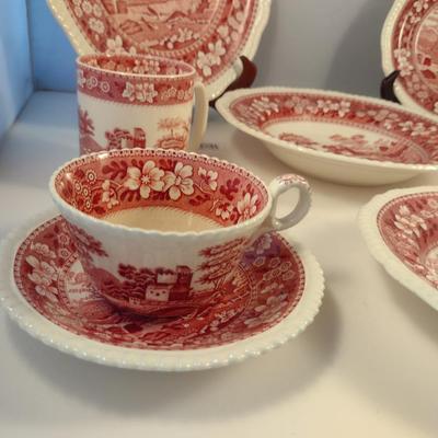 Sale Photo Thumbnail #1207: Spode England Porcelain Dinnerware- 'Pink Tower' Pattern.  Stamps are a mix of red and black.  Includes dinner plate- 12, luncheon/salad plate- 12, large soup bowl (9 1/2")- 6, smaller soup bowl (7 1/2")- 6, butter plates (5 1/2")- 6, bread plates (6 1/2"