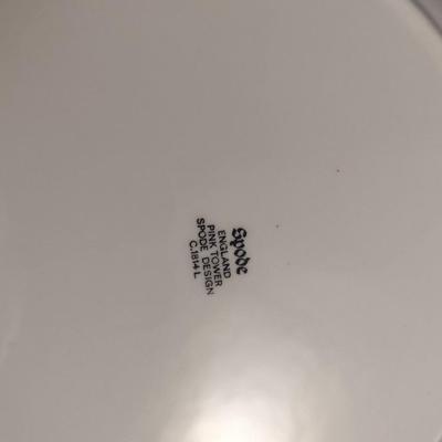 Sale Photo Thumbnail #1210: Spode England Porcelain Dinnerware- 'Pink Tower' Pattern.  Stamps are a mix of red and black.  Includes dinner plate- 12, luncheon/salad plate- 12, large soup bowl (9 1/2")- 6, smaller soup bowl (7 1/2")- 6, butter plates (5 1/2")- 6, bread plates (6 1/2"