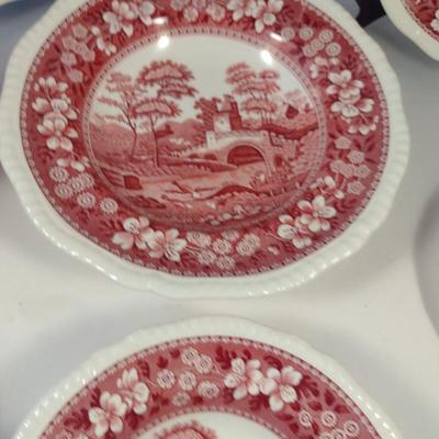 Sale Photo Thumbnail #1204: Spode England Porcelain Dinnerware- 'Pink Tower' Pattern.  Stamps are a mix of red and black.  Includes dinner plate- 12, luncheon/salad plate- 12, large soup bowl (9 1/2")- 6, smaller soup bowl (7 1/2")- 6, butter plates (5 1/2")- 6, bread plates (6 1/2"