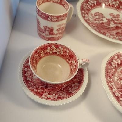 Sale Photo Thumbnail #1206: Spode England Porcelain Dinnerware- 'Pink Tower' Pattern.  Stamps are a mix of red and black.  Includes dinner plate- 12, luncheon/salad plate- 12, large soup bowl (9 1/2")- 6, smaller soup bowl (7 1/2")- 6, butter plates (5 1/2")- 6, bread plates (6 1/2"