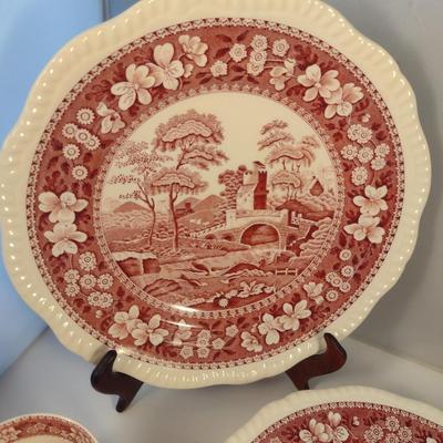 Sale Photo Thumbnail #1202: Spode England Porcelain Dinnerware- 'Pink Tower' Pattern.  Stamps are a mix of red and black.  Includes dinner plate- 12, luncheon/salad plate- 12, large soup bowl (9 1/2")- 6, smaller soup bowl (7 1/2")- 6, butter plates (5 1/2")- 6, bread plates (6 1/2"