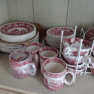 Sale Photo Thumbnail #1214: Spode England Porcelain Dinnerware- 'Pink Tower' Pattern.  Stamps are a mix of red and black.  Includes dinner plate- 12, luncheon/salad plate- 12, large soup bowl (9 1/2")- 6, smaller soup bowl (7 1/2")- 6, butter plates (5 1/2")- 6, bread plates (6 1/2"