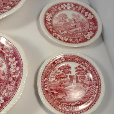 Sale Photo Thumbnail #1208: Spode England Porcelain Dinnerware- 'Pink Tower' Pattern.  Stamps are a mix of red and black.  Includes dinner plate- 12, luncheon/salad plate- 12, large soup bowl (9 1/2")- 6, smaller soup bowl (7 1/2")- 6, butter plates (5 1/2")- 6, bread plates (6 1/2"